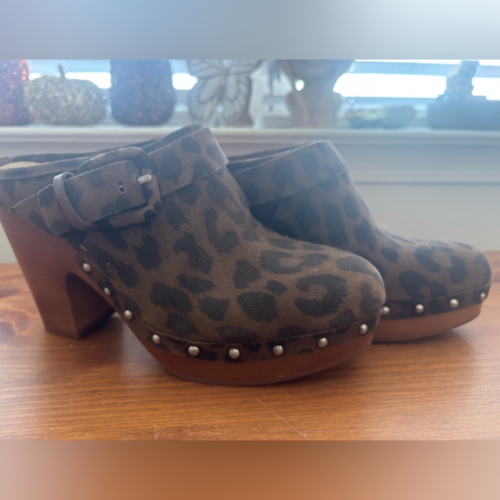 Vince Camuto clog, sueded, studded trim, animal print with strap & buckle detail
